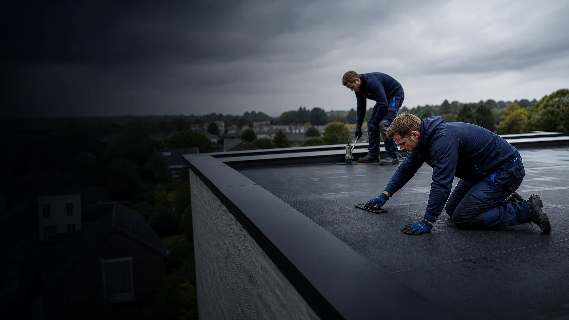 Dakdekkers van Select Dakwerken aan het werk op een plat dak